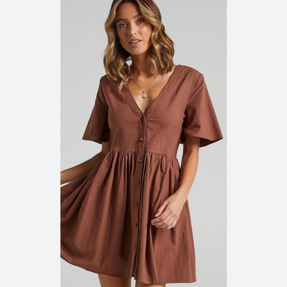 NWT Showpo staycation brown mini smock button up cotton dress 4 s small new